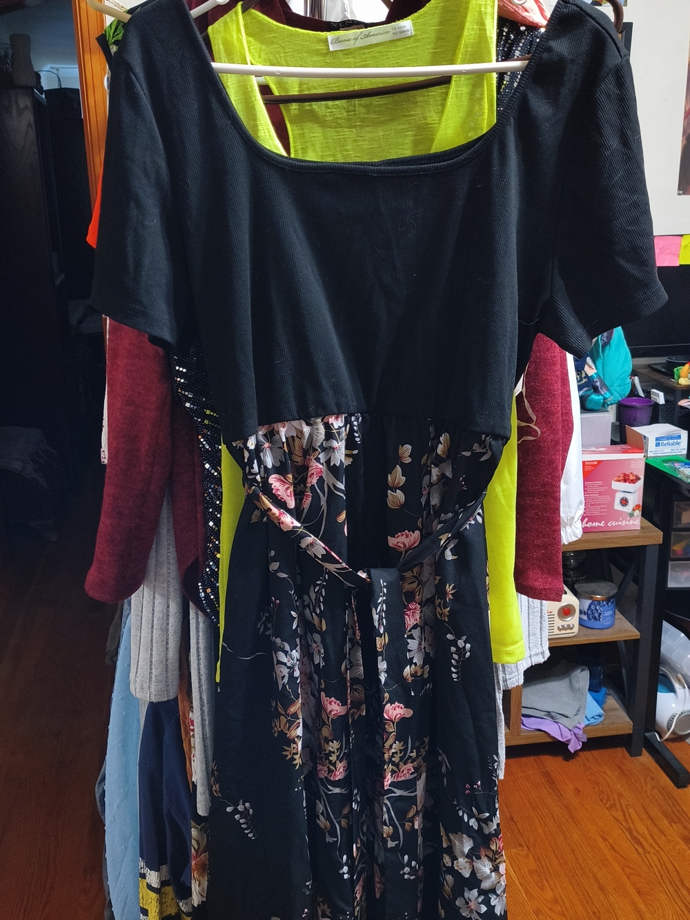 Shein Curve Black Floral Dress with Tie